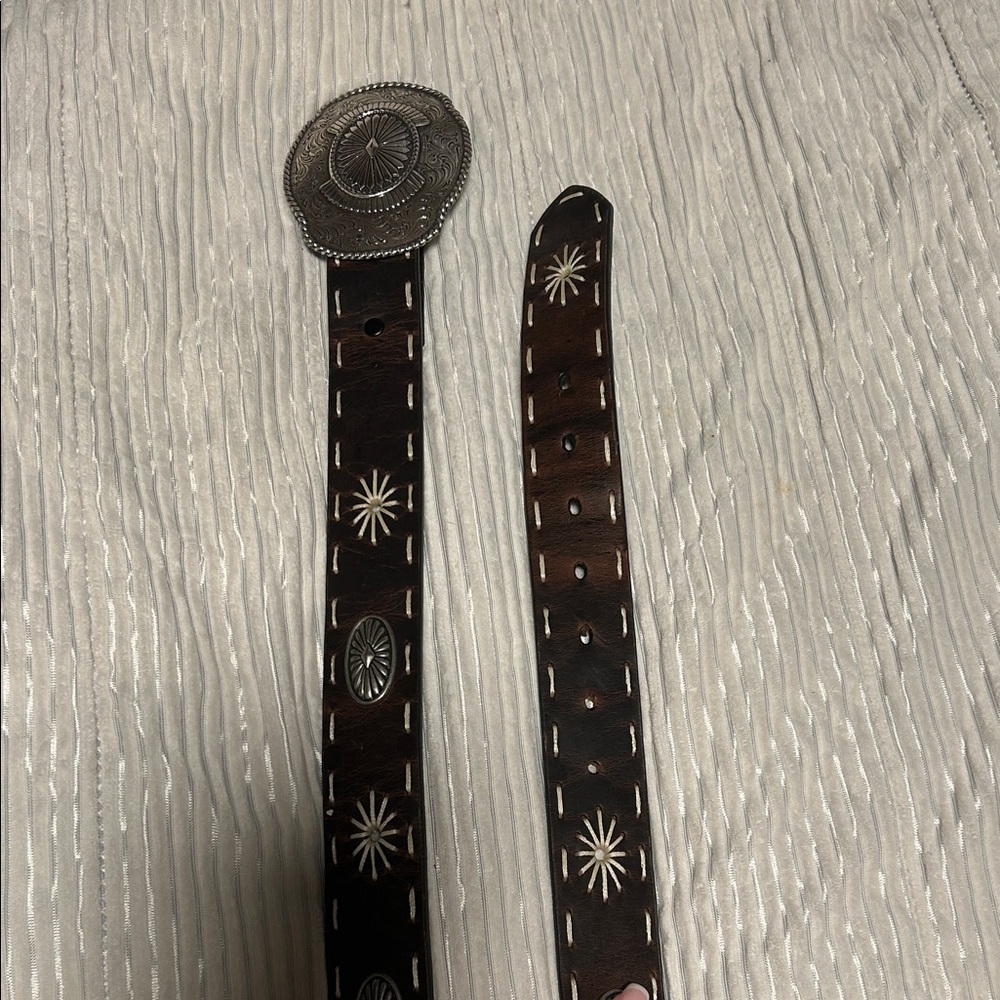 Intricate Brown Leather Belt with Silver Accents